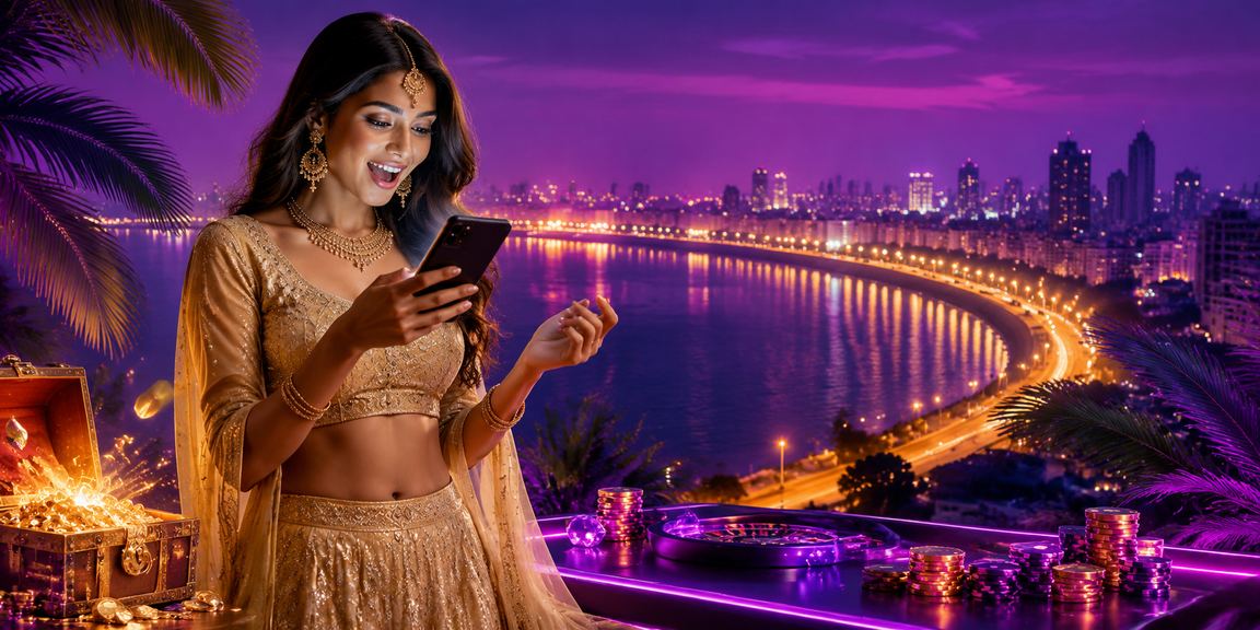 Casino gaming app on mobile phone with Mumbai Marine Drive background