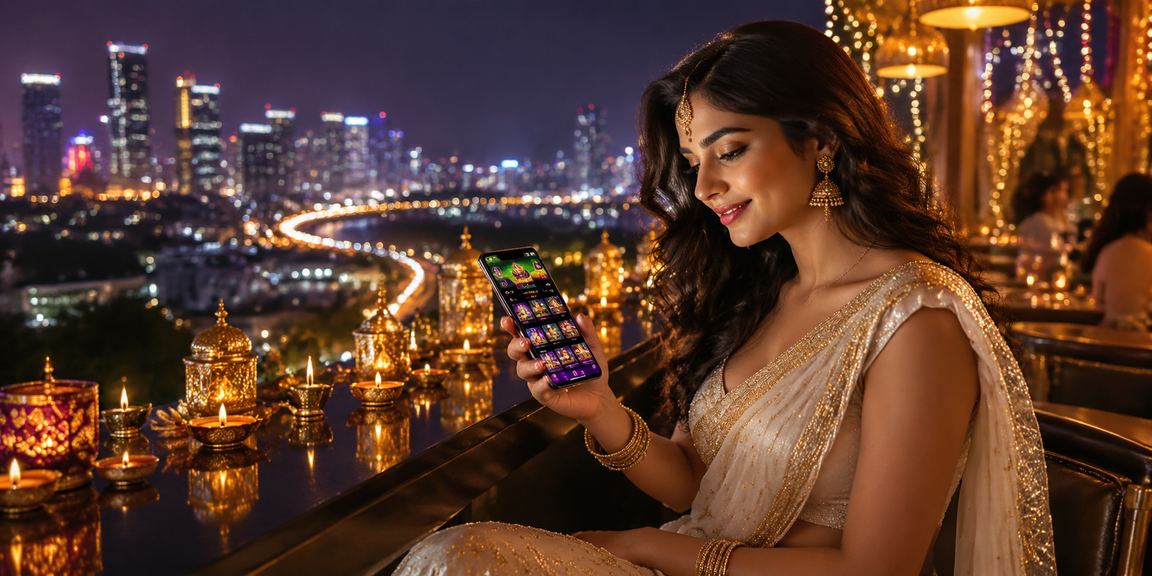 Woman accessing mobile casino in Pune city setting
